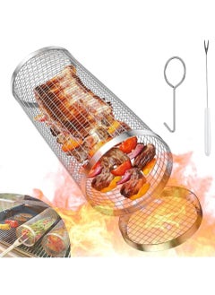 Generic Rolling Grilling Baskets Round Stainless Steel BBQ Grill Mesh Dishwasher Safe Rolling BBQ Cage for Outdoor Grilling Barbecue Net Tube Grate Fish Vegetable Fries Camping Picnic Cookware Barbecue Grill  - Image 1