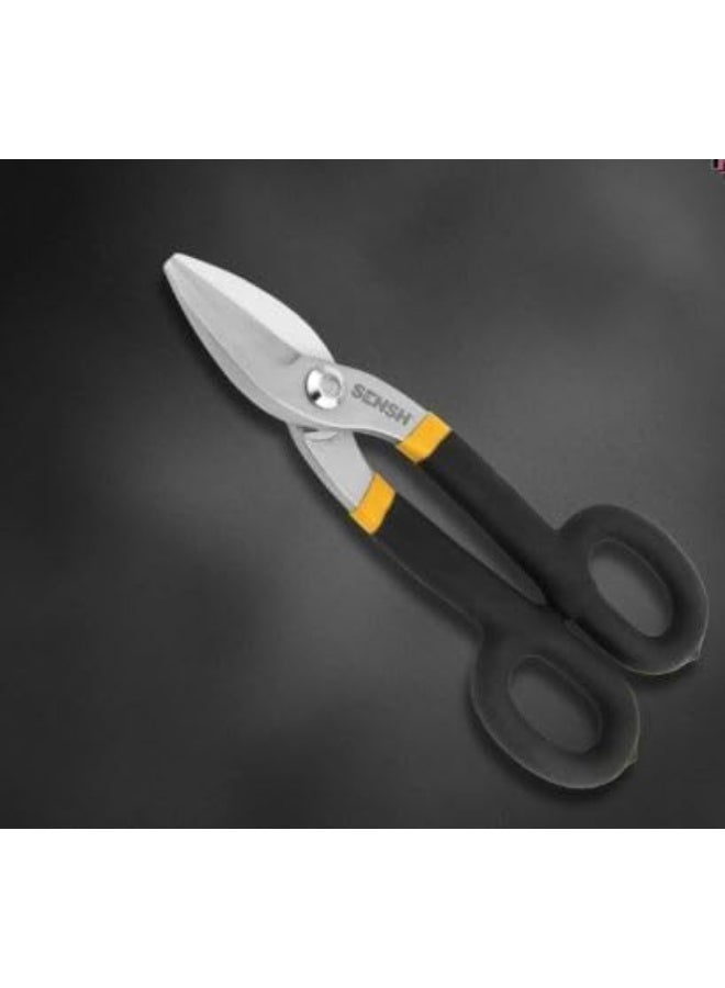 مقصات صفيح مستقيمة 10 بوصة من SENSH، مقصات معدنية مطروقة من الفولاذ الكربوني، مع مقبض بلاستيكي مغطى بـ PVC مريح لقص الصفائح المعدنية، أدوات قطع يدوية، أسود