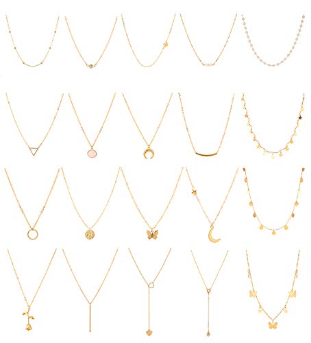 Honsny 20PCS 14K Gold Plated Choker Necklaces for Women, Dainty Gold Diamond Coin Pearl Pendant Simple Chain Necklace Set Cute Gold Layered Necklaces for Women Teen Jewelry Gifts - Image 1