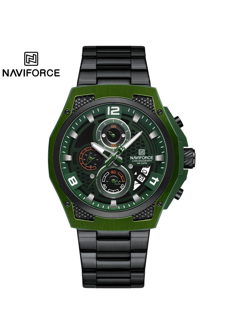 NAVIFORCE Men’s Chronograph Watch with Green and Black Stainless Steel Bracelet, Multi-Function Dial, and Luminous Hands  - Image 1