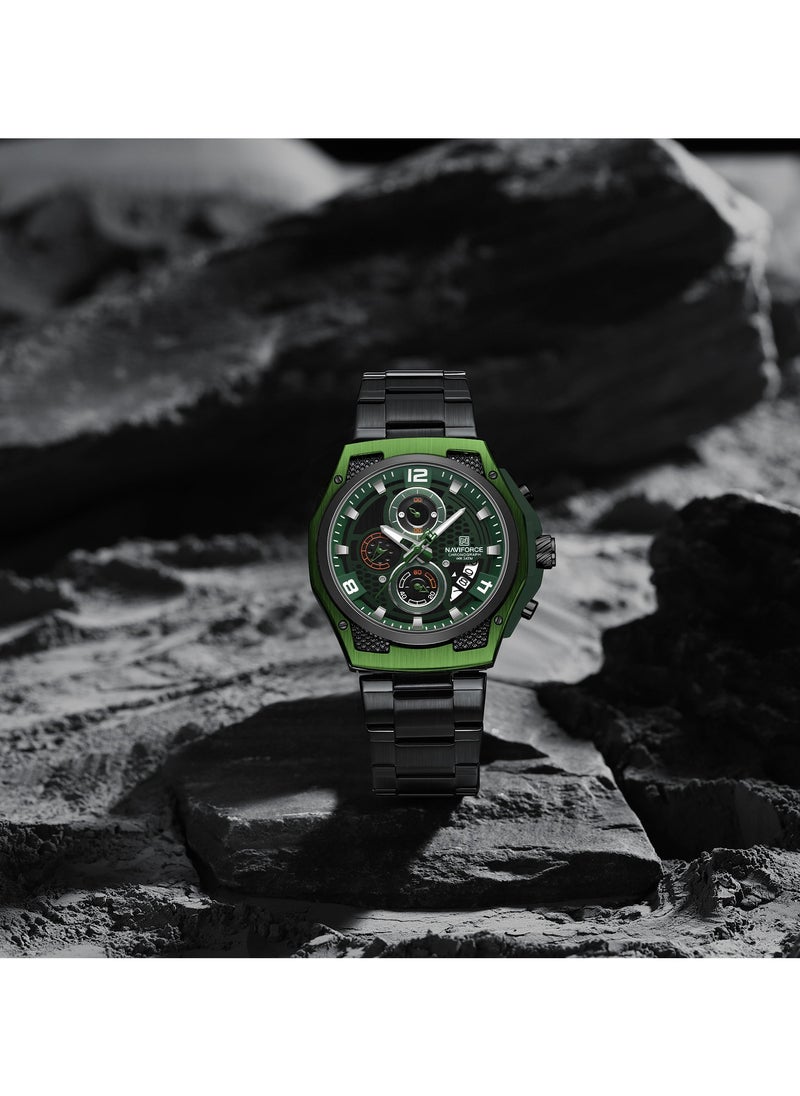 NAVIFORCE Men’s Chronograph Watch with Green and Black Stainless Steel Bracelet, Multi-Function Dial, and Luminous Hands  - Image 3