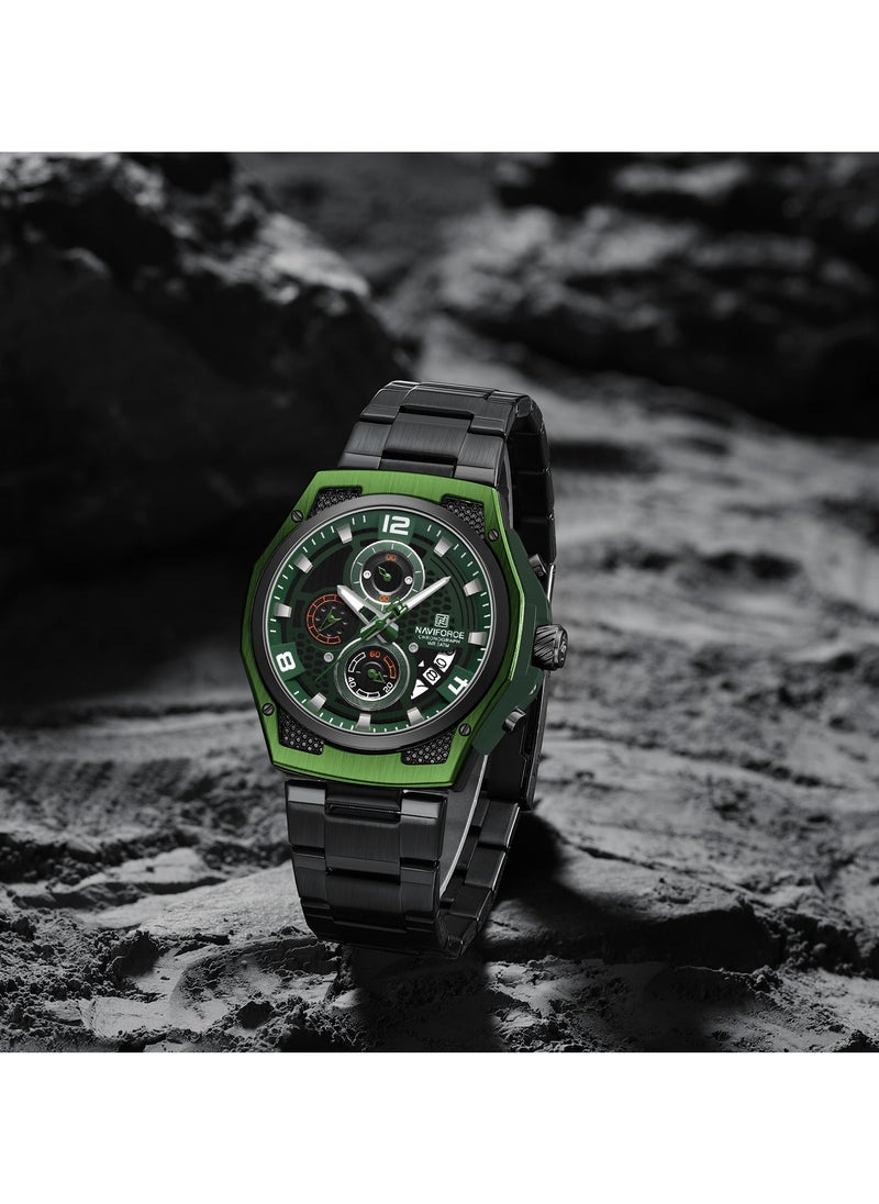 NAVIFORCE Men’s Chronograph Watch with Green and Black Stainless Steel Bracelet, Multi-Function Dial, and Luminous Hands  - Image 4