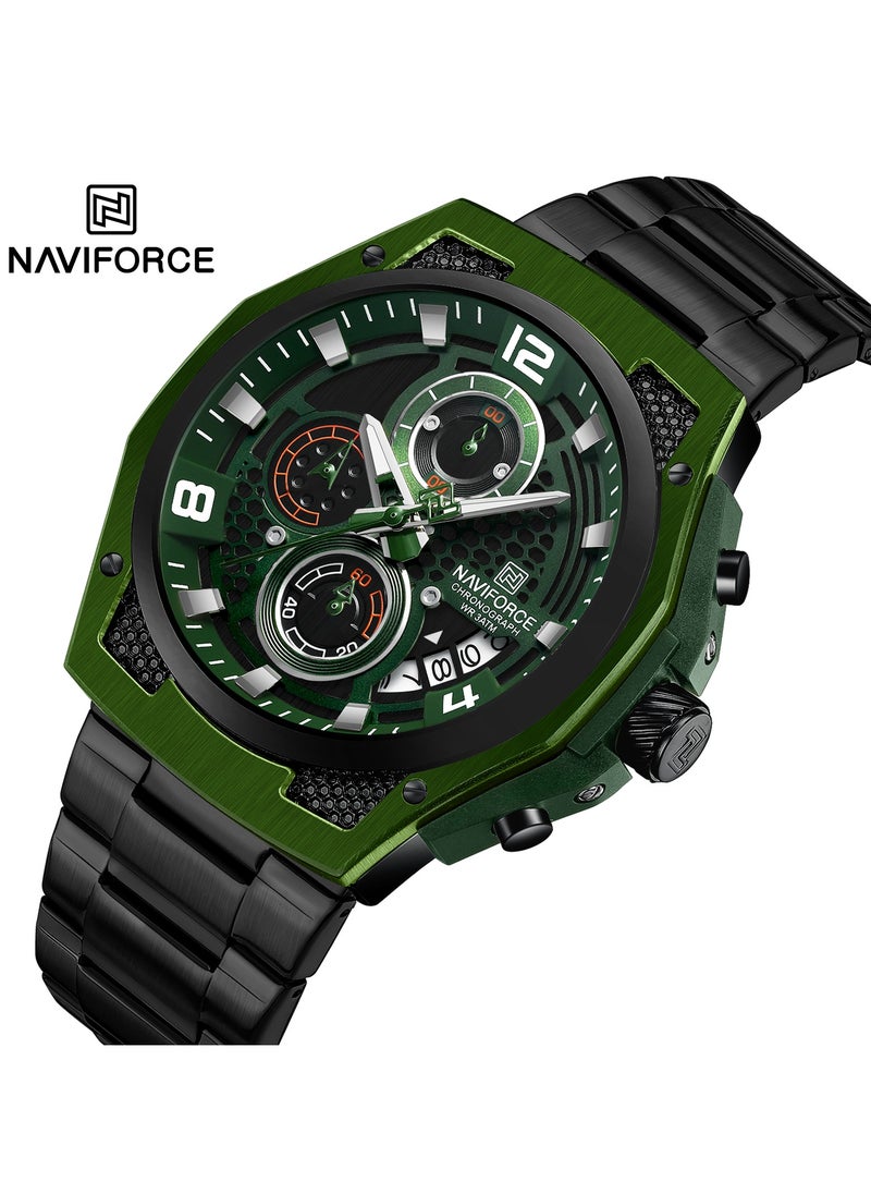 NAVIFORCE Men’s Chronograph Watch with Green and Black Stainless Steel Bracelet, Multi-Function Dial, and Luminous Hands  - Image 2