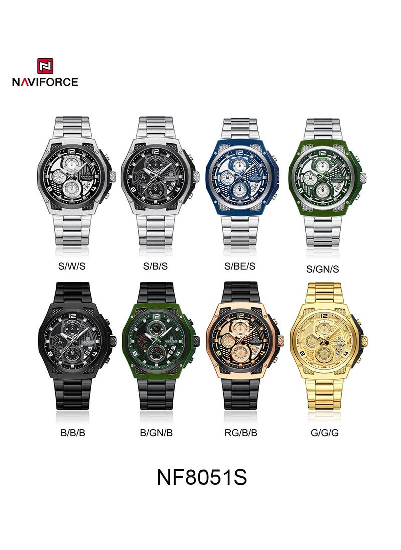 NAVIFORCE Men’s Chronograph Watch with Green and Black Stainless Steel Bracelet, Multi-Function Dial, and Luminous Hands  - Image 5