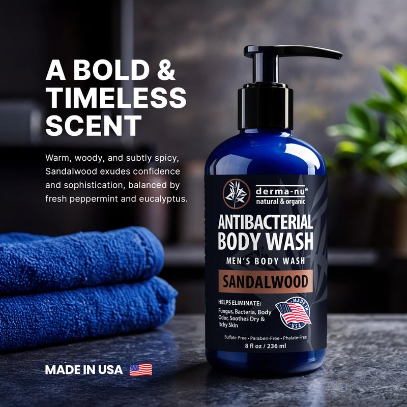 Derma-Nu Men's Body Wash â€“ Bold & Woody Sandalwood Scent Antibacterial Body Wash for Jock Itch, Athleteâ€™s Foot, Eczema & Back Acne â€“ Antibacterial Soap for Men â€“ Safe for All Skin Types â€“ (8oz) - Image 3