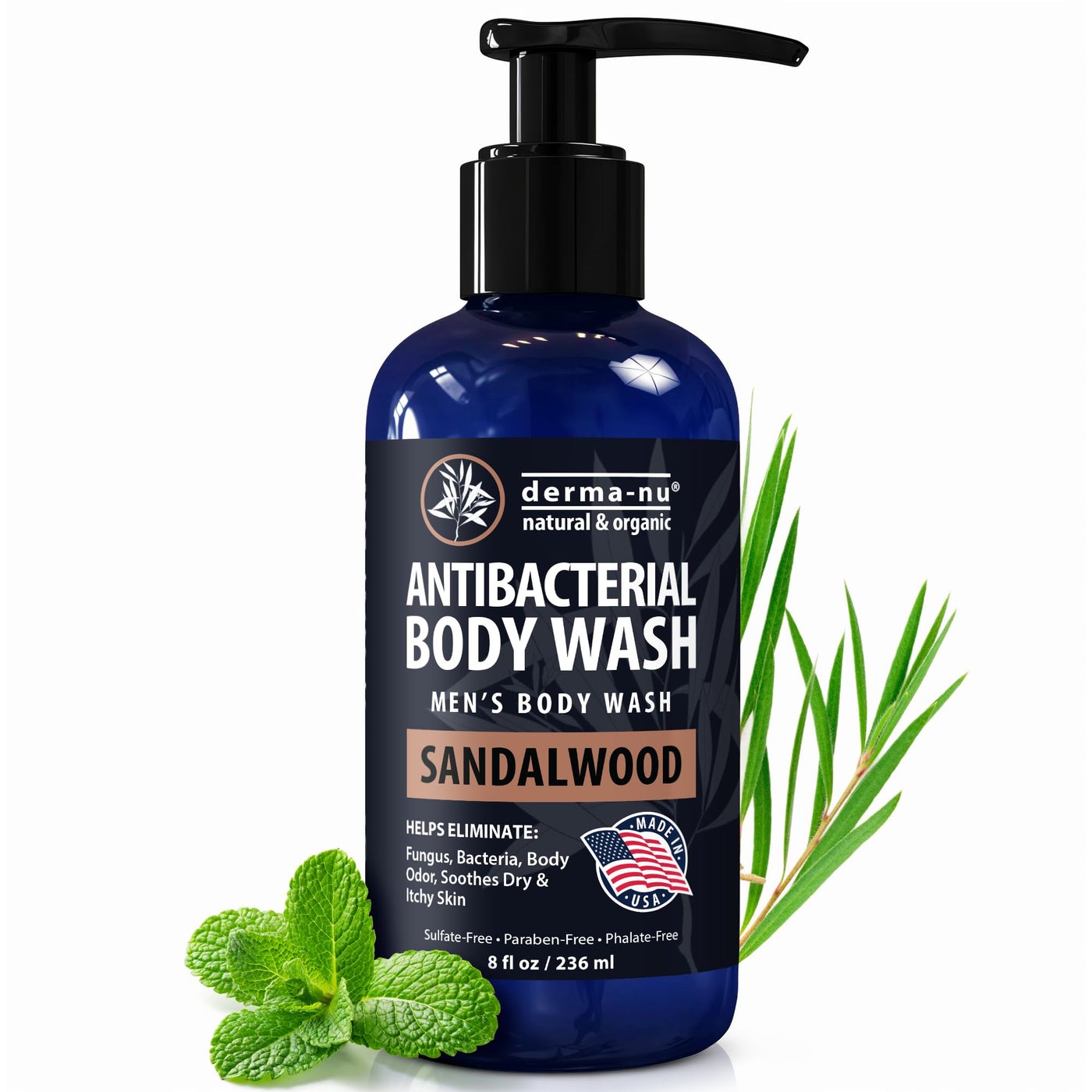 Derma-Nu Men's Body Wash – Bold & Woody Sandalwood Scent Antibacterial Body Wash for Jock Itch, Athlete’s Foot, Eczema & Back Acne – Antibacterial Soap for Men – Safe for All Skin Types – (8