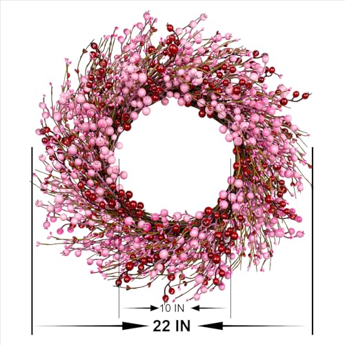 LLZLL Valentines Day Wreath 22 Inch Valentines Day Wreaths for Front Door Artificial Valentines Day Door Wreath with Pink and Red Berries for Valentines Day Anniversary Wedding Decor - Image 3