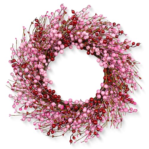 LLZLL Valentines Day Wreath 22 Inch Valentines Day Wreaths for Front Door Artificial Valentines Day Door Wreath with Pink and Red Berries for Valentines Day Anniversary Wedding Decor - Image 1