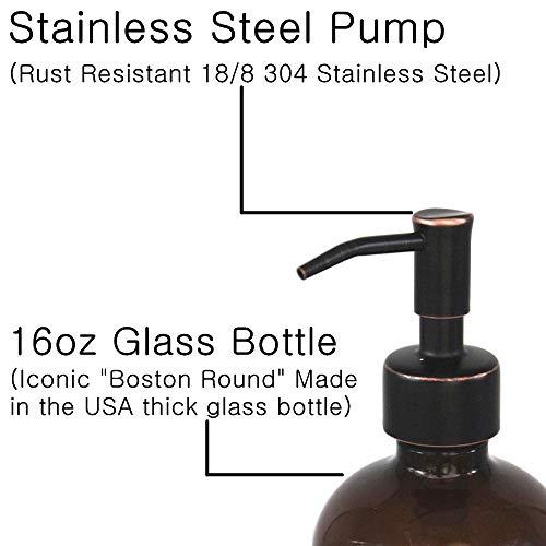 CHBJDAN 2 Pack Thick Amber Glass Pint Jar Soap Dispenser with Oil Rubbed Bronze Stainless Steel Pump, 16ounce Boston Round Bottles Dispenser with Rustproof Pump for Essential Oil, Lotion Soap - Image 3
