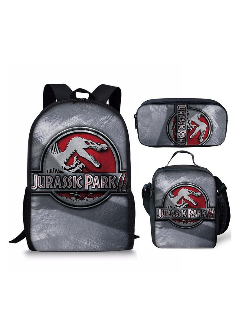 JURASSIC WORLD New Jurassic Park Dinosaur Three piece Set with Large Capacity Backpack, Student School Bag, Lunch Bag, Pen Bag - Image 1