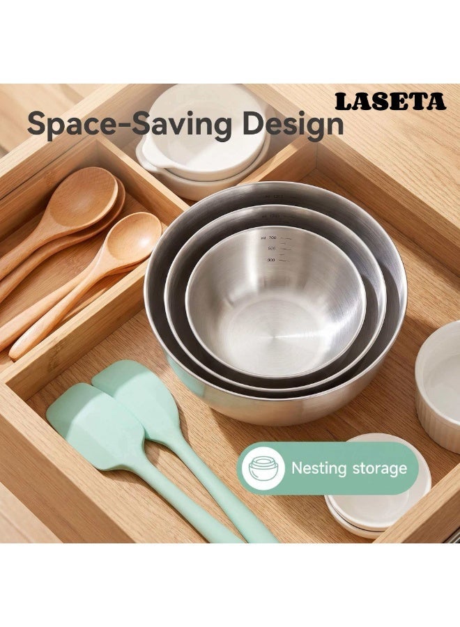Laseta طقم 3 قطع من وعاء 304 من الفولاذ المقاوم للصدأ، لخفق البيض، وعجن العجين، وسلطة الفواكه وتحضير الخضروات 700 مل + 1200 مل + 2000 مل - Image 4