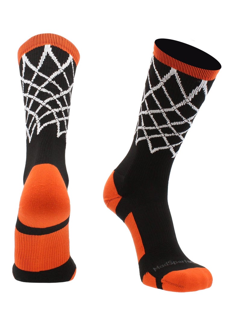 MadSportsStuff Crew Length Elite Basketball Socks with Net (Black/Orange, Medium) - Image 1