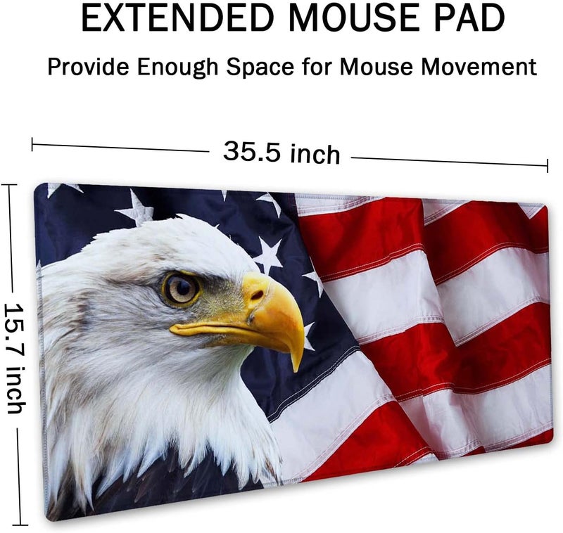 SSOIU Gaming Mouse Pad, Extended Mouse Pad, 35.5x15.7inch XXL Large Big Computer Keyboard Mouse Mat Desk Pad with Non-Slip Base and Stitched Edge for Home Office Gaming Work, Eagle on American Flag - Image 2
