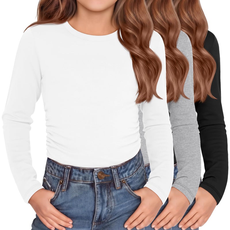LessonZoo 3 Pack Girls Long Sleeve Shirts Kids Slim Fit Crew Neck Tops Ruched Soft Basic Undershirts Layering Tees 5-14 Years(Black, Light Mixed Gray, White,11-12 Years) - Image 1