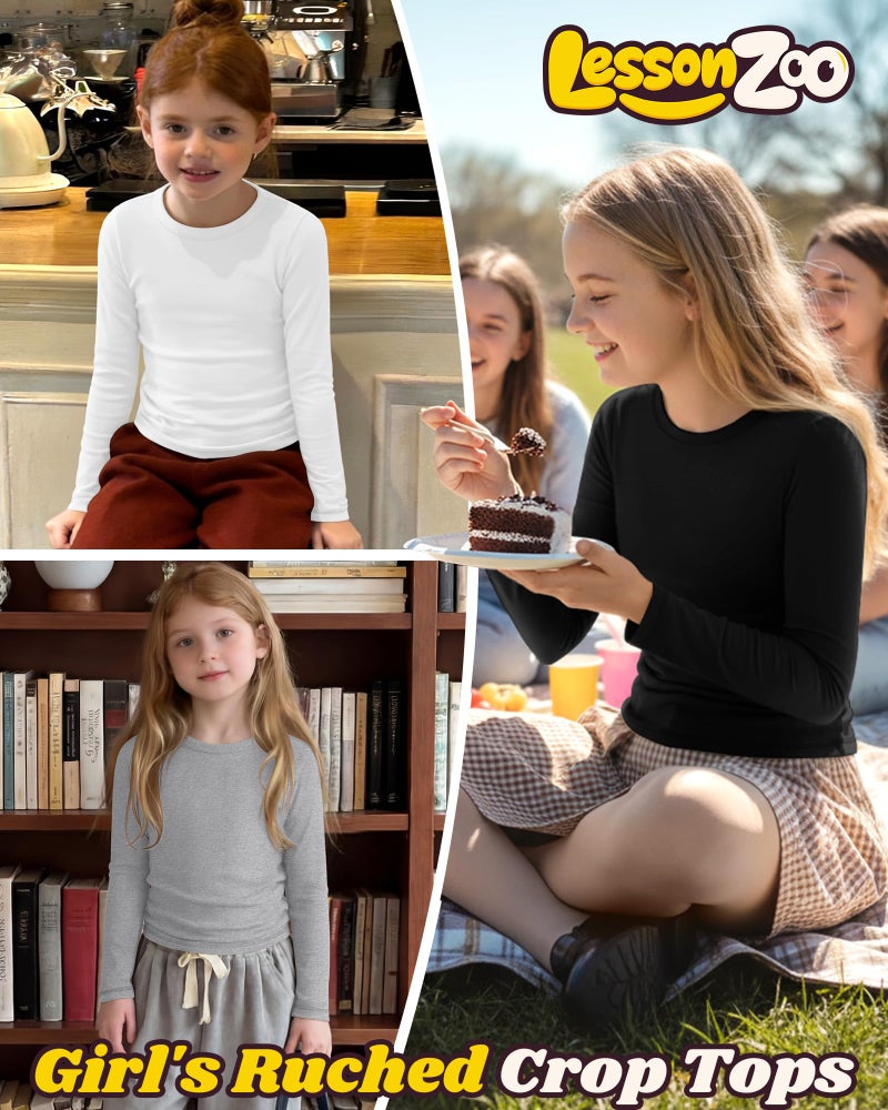 LessonZoo 3 Pack Girls Long Sleeve Shirts Kids Slim Fit Crew Neck Tops Ruched Soft Basic Undershirts Layering Tees 5-14 Years(Black, Light Mixed Gray, White,11-12 Years) - Image 2