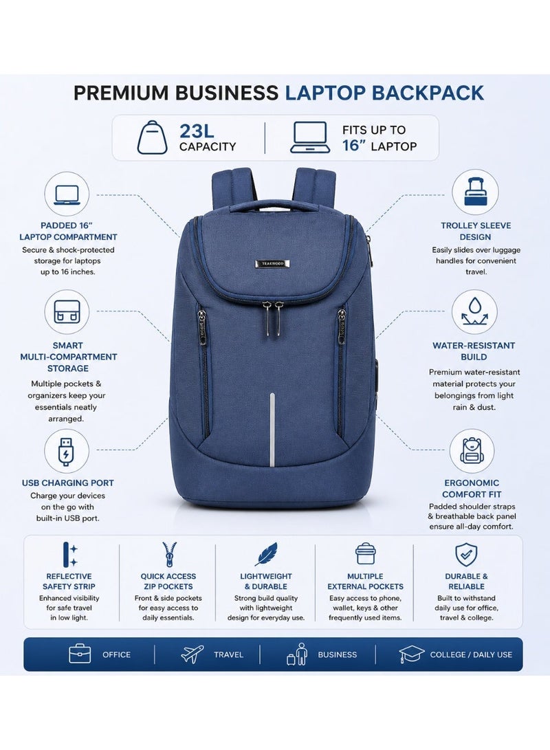 Teakwood 23L Business Unisex Laptop Backpack  | Fits up to 16 " Laptop | Premium  Navy blue Office & Travel Backpack | USB Charging Port | Trolley Sleeve | Water-Resistant | Multi-Compartment Durable Design - Image 2