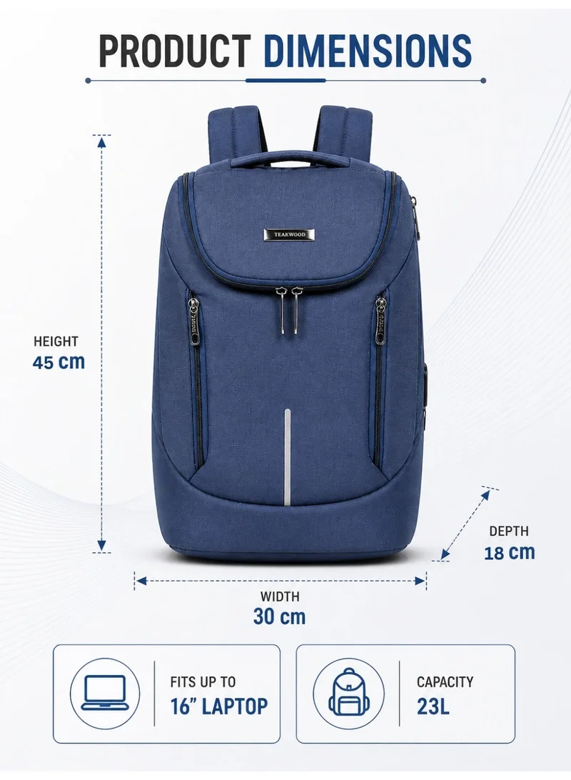 Teakwood Blue Teakwood 23L Business Unisex Laptop Backpack  | Fits up to 16 " Laptop | Premium  Navy blue Office & Travel Backpack | USB Charging Port | Trolley Sleeve | Water-Resistant | Multi-Compartment Durable Design  | Best Price UAE