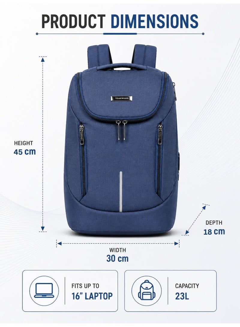 Teakwood 23L Business Unisex Laptop Backpack  | Fits up to 16 " Laptop | Premium  Navy blue Office & Travel Backpack | USB Charging Port | Trolley Sleeve | Water-Resistant | Multi-Compartment Durable Design - Image 3