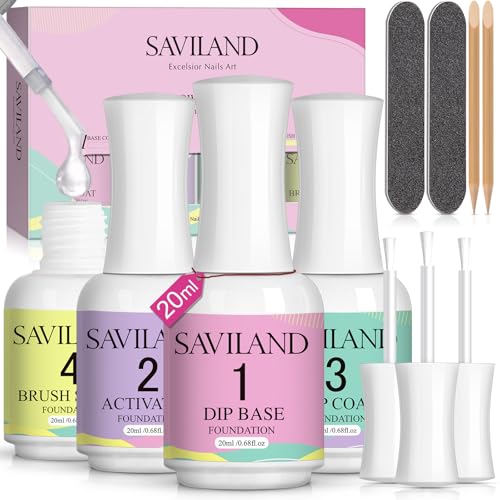 SAVILAND Dip Powder Liquid Set: 20 ml Ultimate Nail Dip System Essentials Liquid Large Capacity HEMA-free Dipping Base Activator Top Coat Brush Saver No Curing Needed for DIY Home Manicure - Image 1
