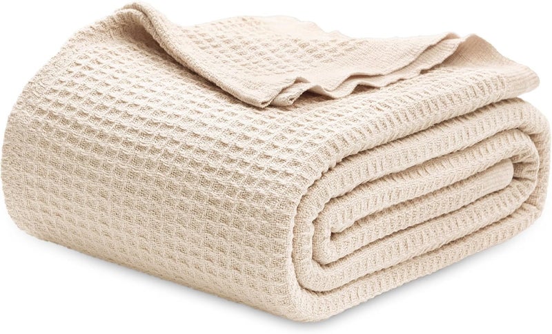 Bedsure 100% Cotton Blanket King Size for Bed - Cooling Breathable and Soft for Summer, Thick Cozy Waffle Weave Blanket Gifts for Women, Yellowish Cream, 104x90 inches - Image 1