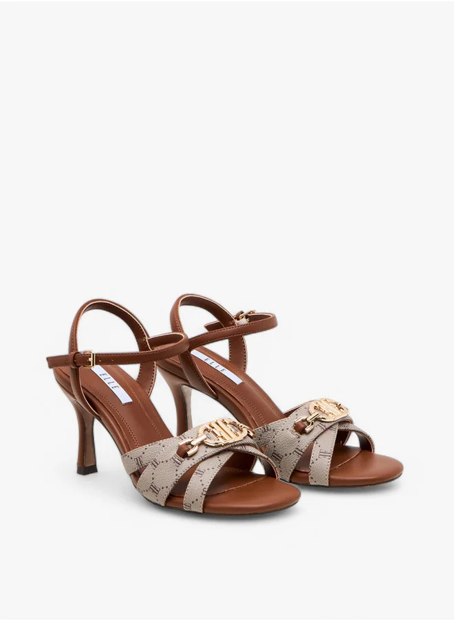ELLE Women's Monogram Print Strap Sandals with Buckle Closure