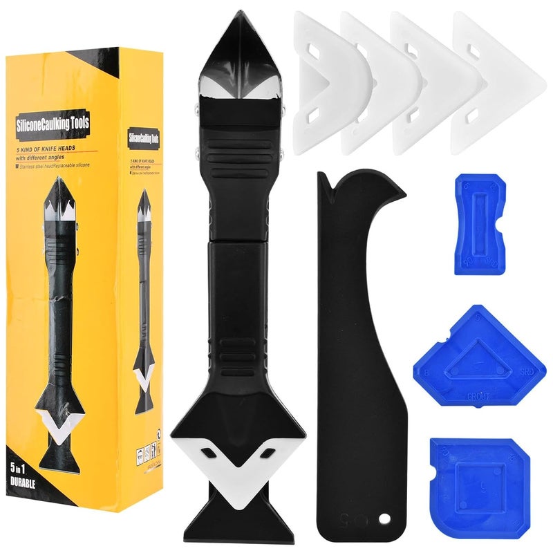 Ranjaner 3 in 1 Silicone Caulking Tools Stainless Steelhead, 11Pcs Caulking Finishing Tool Kit, Caulk Remover Sealant Finishing Tool and 5 Replacement Silicone Scraper Pads - Image 1