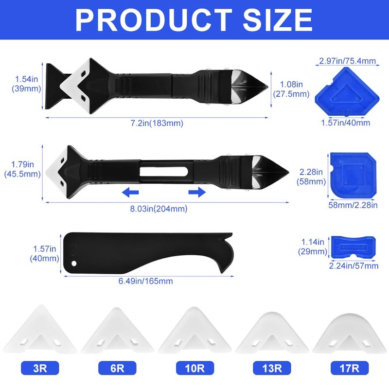 Ranjaner 3 in 1 Silicone Caulking Tools Stainless Steelhead, 11Pcs Caulking Finishing Tool Kit, Caulk Remover Sealant Finishing Tool and 5 Replacement Silicone Scraper Pads - Image 2
