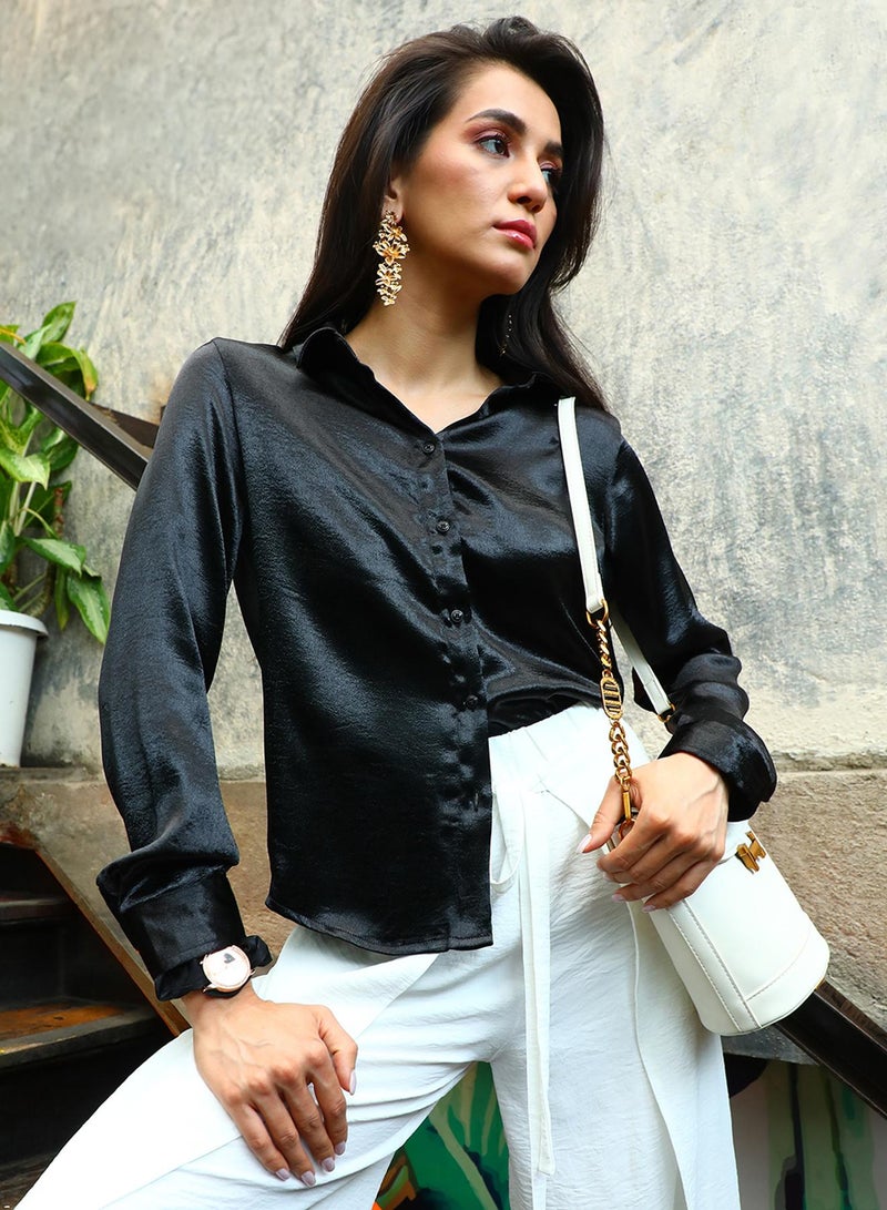 PINACOLADA Women's Onyx Black Solid Satin Shirt  - Image 1