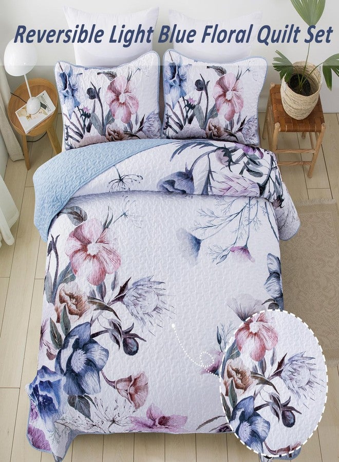 Drucon Floral Quilt Set Queen 3 Pieces Light Blue Floral Quilt Coverlet Set Soft Microfiber Lightweight Light Blue Quilted Bedspread for All Season 90"x96" - Image 3