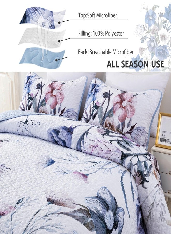 Drucon Floral Quilt Set Queen 3 Pieces Light Blue Floral Quilt Coverlet Set Soft Microfiber Lightweight Light Blue Quilted Bedspread for All Season 90"x96" - Image 5