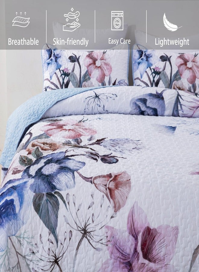 Drucon Floral Quilt Set Queen 3 Pieces Light Blue Floral Quilt Coverlet Set Soft Microfiber Lightweight Light Blue Quilted Bedspread for All Season 90"x96" - Image 4