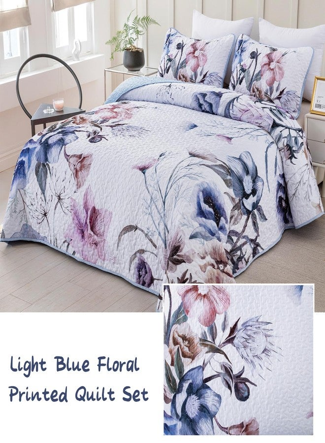 Drucon Floral Quilt Set Queen 3 Pieces Light Blue Floral Quilt Coverlet Set Soft Microfiber Lightweight Light Blue Quilted Bedspread for All Season 90"x96" - Image 2