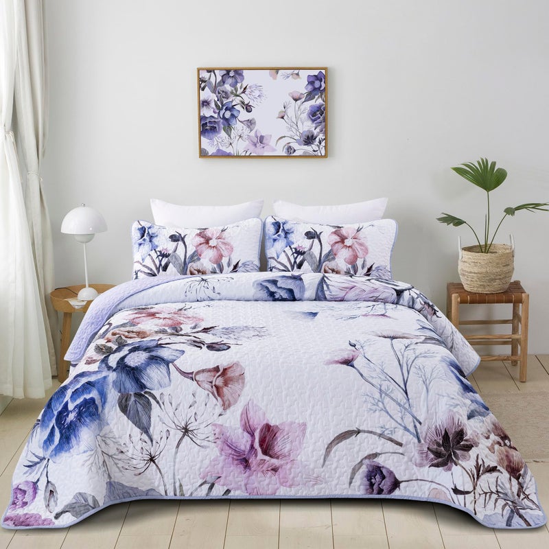 Drucon Floral Quilt Set Queen 3 Pieces Light Blue Floral Quilt Coverlet Set Soft Microfiber Lightweight Light Blue Quilted Bedspread for All Season 90"x96" - Image 1