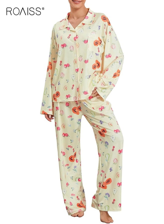 رويس طقم بيجامات نسائي مكون من قطعتين مزين بالورود، قميص بأكمام طويلة بلون الفراولة الحلوة، بنطلون واسع الساق، ملابس نوم فضفاضة بأزرار وياقة دائرية للنساء - Image 1