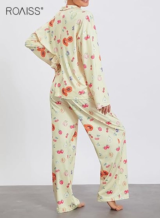 رويس طقم بيجامات نسائي مكون من قطعتين مزين بالورود، قميص بأكمام طويلة بلون الفراولة الحلوة، بنطلون واسع الساق، ملابس نوم فضفاضة بأزرار وياقة دائرية للنساء - Image 4