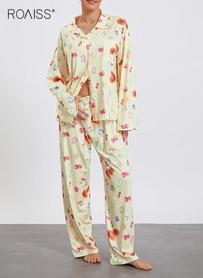 رويس طقم بيجامات نسائي مكون من قطعتين مزين بالورود، قميص بأكمام طويلة بلون الفراولة الحلوة، بنطلون واسع الساق، ملابس نوم فضفاضة بأزرار وياقة دائرية للنساء - Image 2