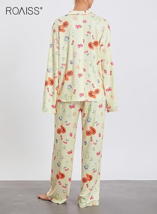 رويس طقم بيجامات نسائي مكون من قطعتين مزين بالورود، قميص بأكمام طويلة بلون الفراولة الحلوة، بنطلون واسع الساق، ملابس نوم فضفاضة بأزرار وياقة دائرية للنساء - Image 5