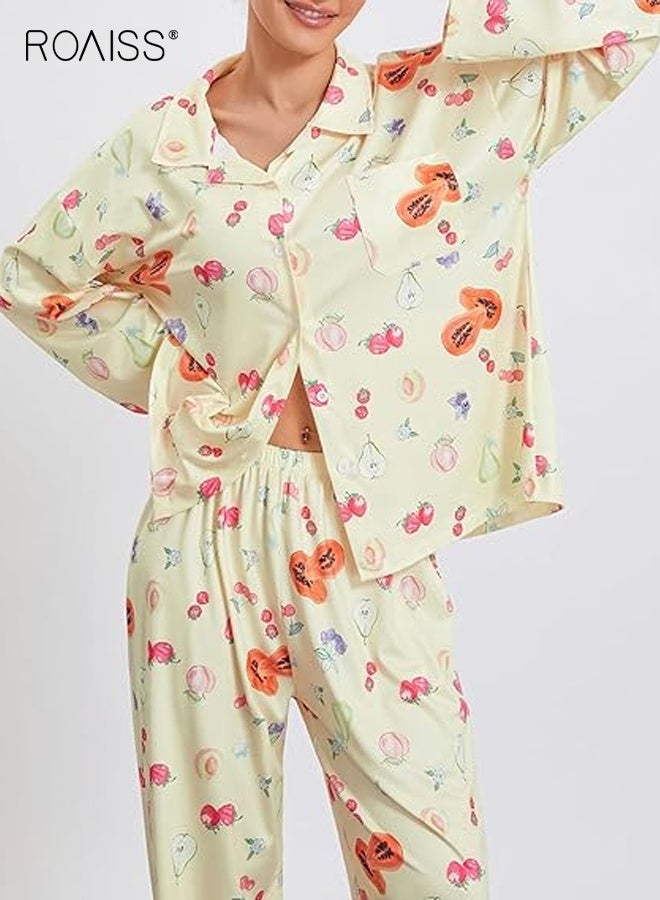 رويس طقم بيجامات نسائي مكون من قطعتين مزين بالورود، قميص بأكمام طويلة بلون الفراولة الحلوة، بنطلون واسع الساق، ملابس نوم فضفاضة بأزرار وياقة دائرية للنساء - Image 3