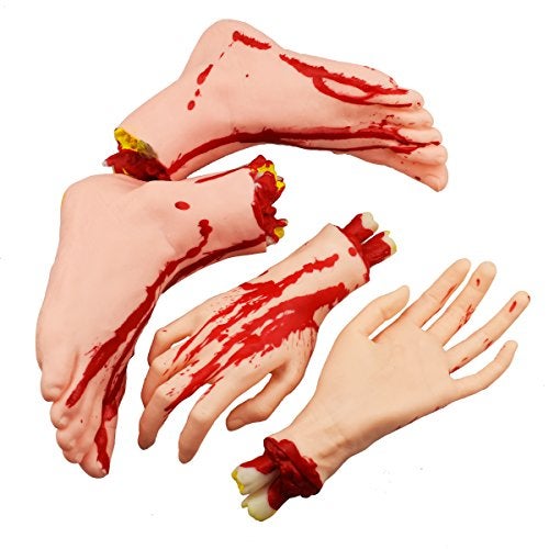 XONOR Halloween Severed Hands Feet Set Scary Bloody Broken Body Parts Halloween Props Decorations 4 PiecesFeet Hands Skin Color - Image 1