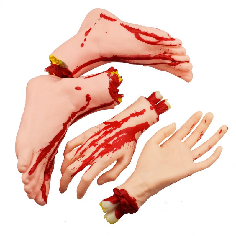 XONOR Halloween Severed Hands Feet Set Scary Bloody Broken Body Parts Halloween Props Decorations 4 PiecesFeet Hands Skin Color - Image 3