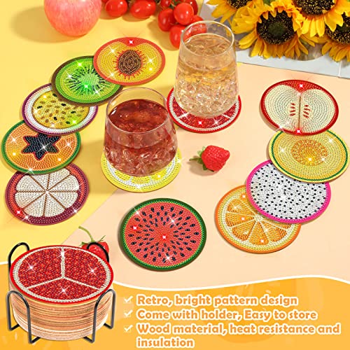 Billbotk 12 Pieces Diamond Art Painting Coasters Kit with Holder, Diamond Art Coasters, DIY Diamond Crafts Projects, Diamond Dot Kits for Adults and Beginners(Fruit Style) - Image 4