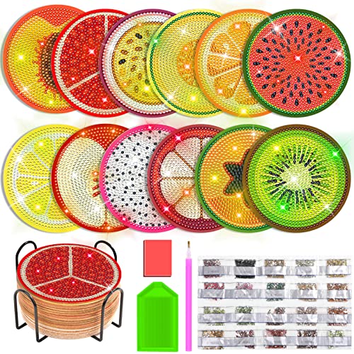 Billbotk 12 Pieces Diamond Art Painting Coasters Kit with Holder, Diamond Art Coasters, DIY Diamond Crafts Projects, Diamond Dot Kits for Adults and Beginners(Fruit Style) - Image 1