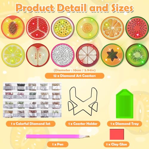 Billbotk 12 Pieces Diamond Art Painting Coasters Kit with Holder, Diamond Art Coasters, DIY Diamond Crafts Projects, Diamond Dot Kits for Adults and Beginners(Fruit Style) - Image 3