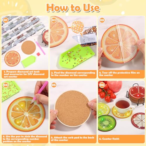 Billbotk 12 Pieces Diamond Art Painting Coasters Kit with Holder, Diamond Art Coasters, DIY Diamond Crafts Projects, Diamond Dot Kits for Adults and Beginners(Fruit Style) - Image 5