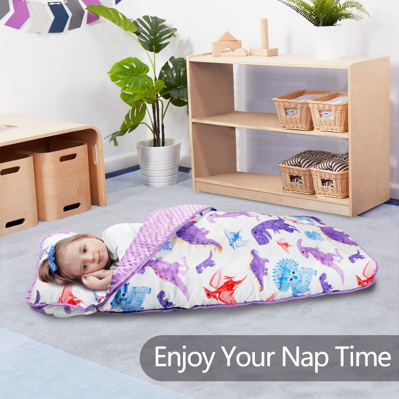Primlect Thickened Toddler Nap Mat with Removable Pillow and Minky Blanket, Extra Large 55''x35'' Sleeping Bag, Washable, Roll up, Perfect for Daycare, Preschool, Kindergarten, Boys and Girls Dinosaur - Image 3