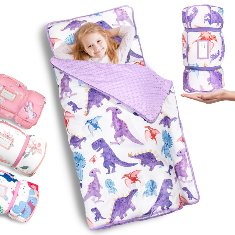 Primlect Thickened Toddler Nap Mat with Removable Pillow and Minky Blanket, Extra Large 55''x35'' Sleeping Bag, Washable, Roll up, Perfect for Daycare, Preschool, Kindergarten, Boys and Girls Dinosaur - Image 1