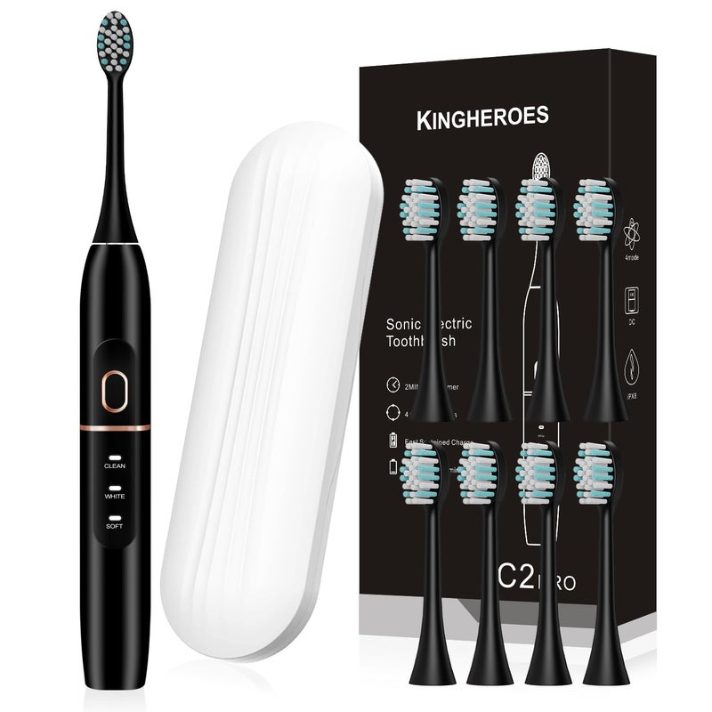 kingheroes Electric Toothbrush Set, Comes with 8 Brush Heads & Travel Case,4 Modes with 2 Minutes Built in Smart Timer, One Charge for 60 Days, 42000 VPM Motor (Black) - Image 1