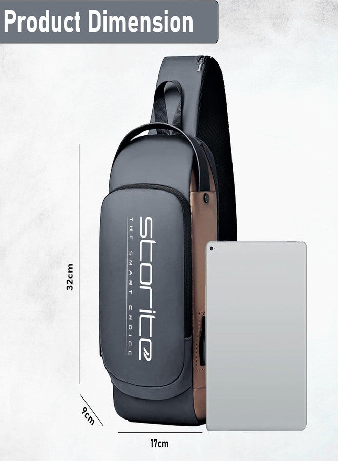 Storite Sling Bag for Men Stylish Crossbody Backpack for Men & Women, Anti-Theft Chest Bag with USB Charging Port, Messenger Bags, Casual Shoulder Bag (Grey Brown - 17 x 9 x 32 Cm) - Image 3