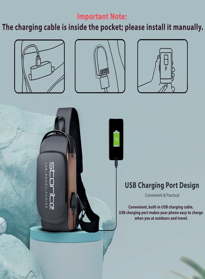Storite Sling Bag for Men Stylish Crossbody Backpack for Men & Women, Anti-Theft Chest Bag with USB Charging Port, Messenger Bags, Casual Shoulder Bag (Grey Brown - 17 x 9 x 32 Cm) - Image 4
