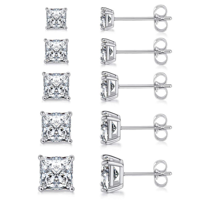 MDFUN 18K White Gold Plated Princess Cut Square Clear Cubic Zirconia Stud Earring Pack of 5 Pairs - Image 1